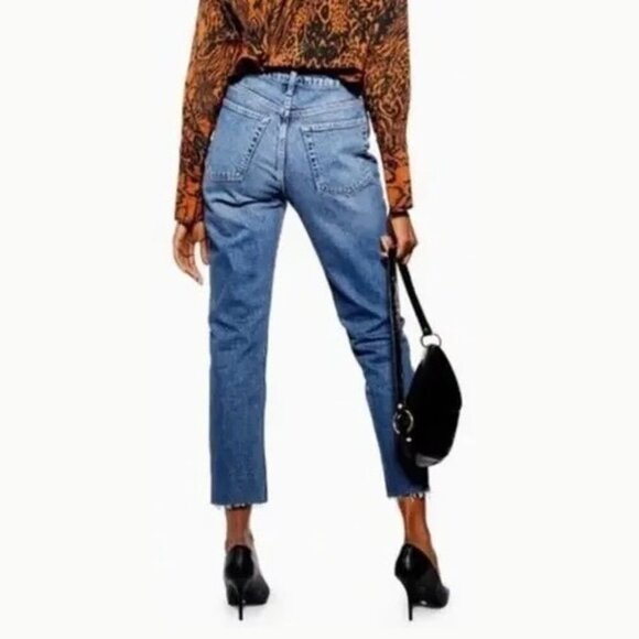 2/$30 Topshop Straight High Rise Button-fly Straight Raw Hem Mid Blue W28 #9288 - Picture 4 of 10